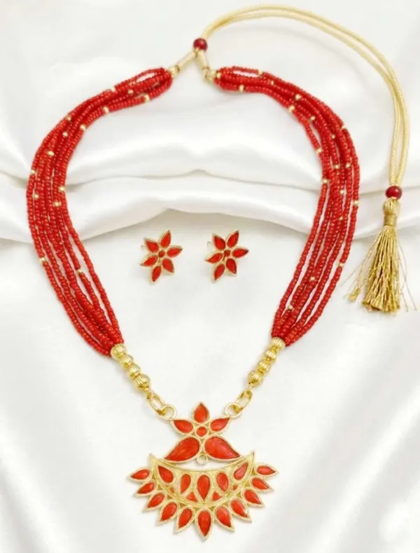 BG_GOLD_Assamese_Traditional_Copper_Based_Red__Flower_Set_With__Tassel_Jewellery_Set
