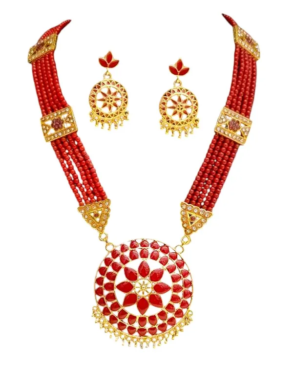 Assamese_Traditional_Copper_Based_Red_Japi_Diamond_Tassel_Jewellery_Set