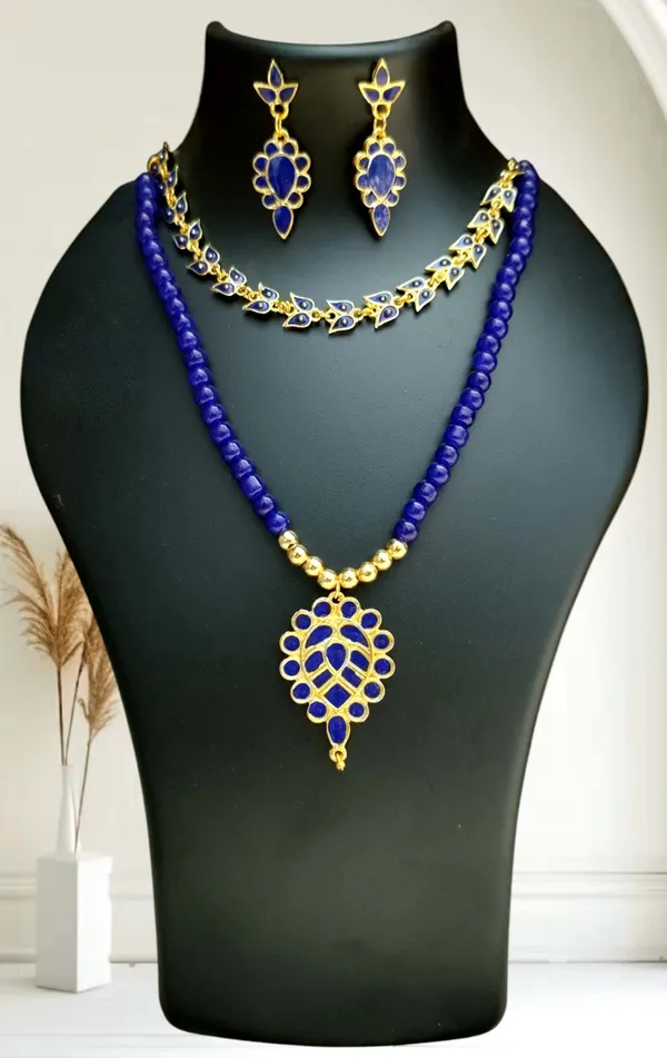 Assamese_Traditional_Copper_Based_Blue_Dugdugi_Mini_Tassel_Combo_Jewellery_Set