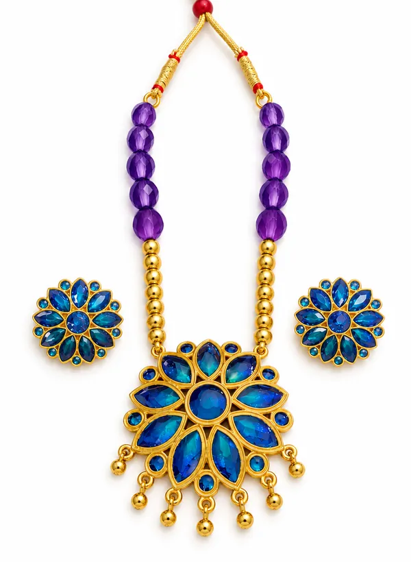 BG_GOLD_Assamese_Traditional_Copper_Based__Blue_Ful_Blue_Ball_Jewellery_Set