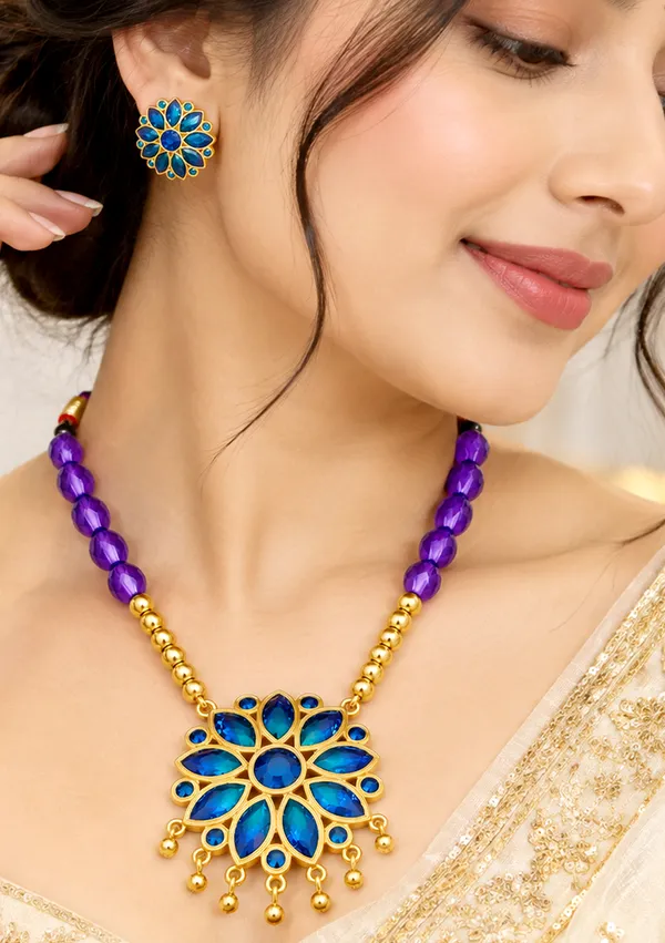 BG_GOLD_Assamese_Traditional_Copper_Based__Blue_Ful_Blue_Ball_Jewellery_Set