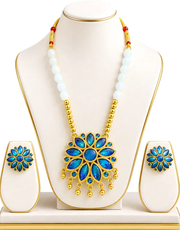 BG_GOLD_Assamese_Traditional_Copper_Based__Blue_Ful__white_Ball_Jewellery_Set