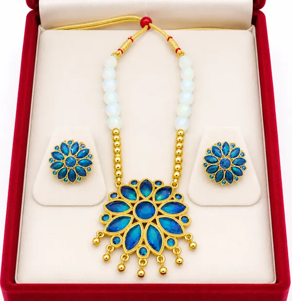 BG_GOLD_Assamese_Traditional_Copper_Based__Blue_Ful__white_Ball_Jewellery_Set
