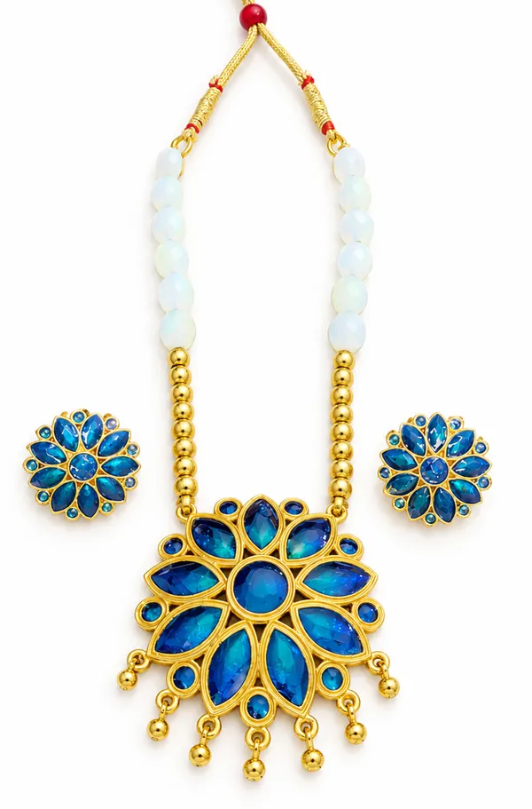 BG_GOLD_Assamese_Traditional_Copper_Based__Blue_Ful__white_Ball_Jewellery_Set