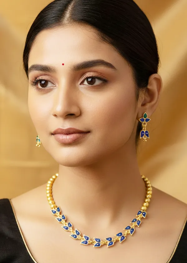 Assamese_Traditional_Copper_Based_Blue_Leaf_Design_With_Golden_Ball_Golpata_Jewellery_Set