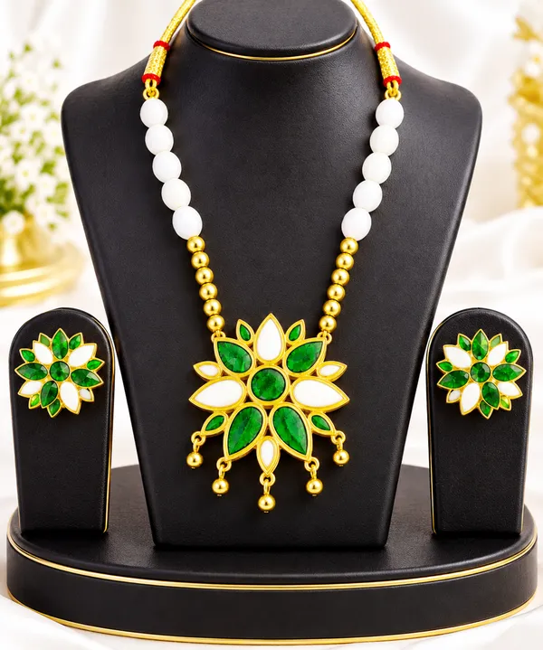 BG_GOLD_Assamese_Traditional_Copper_Based__Green_White__Ful__white_Ball_Jewellery_Set
