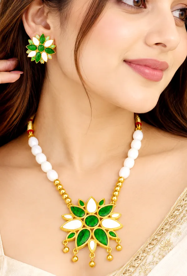 BG_GOLD_Assamese_Traditional_Copper_Based__Green_White__Ful__white_Ball_Jewellery_Set