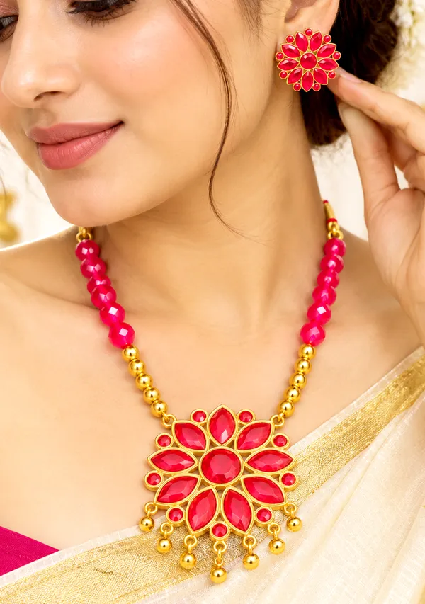 BG_GOLD_Assamese_Traditional_Copper_Based__Red_Ful__Pink_Ball_Jewellery_Set