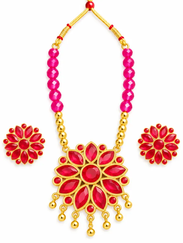BG_GOLD_Assamese_Traditional_Copper_Based__Red_Ful__Pink_Ball_Jewellery_Set