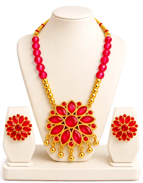 BG_GOLD_Assamese_Traditional_Copper_Based__Red_Ful__Pink_Ball_Jewellery_Set