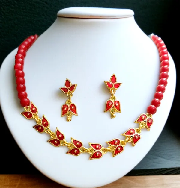 Assamese_Traditional_Copper_Based_Red_Leaf_Design_With_Golden_Ball_Golpata_Jewellery_Set