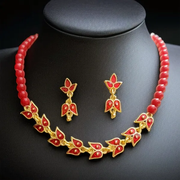 Assamese_Traditional_Copper_Based_Red_Leaf_Design_With_Golden_Ball_Golpata_Jewellery_Set