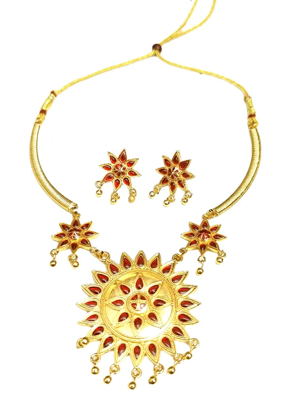 Assamese_Traditional_Copper_Based_Sunflower-Shaped_Red_Jewellery_Set