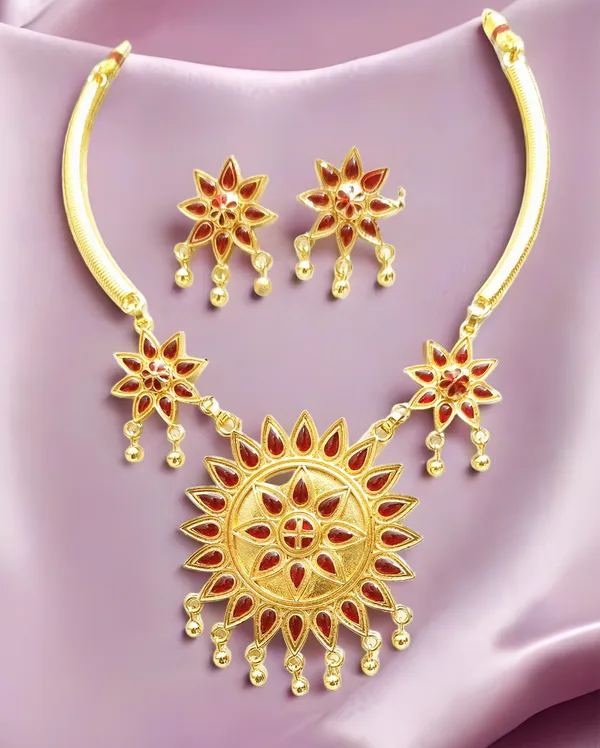 Assamese_Traditional_Copper_Based_Sunflower-Shaped_Red_Jewellery_Set