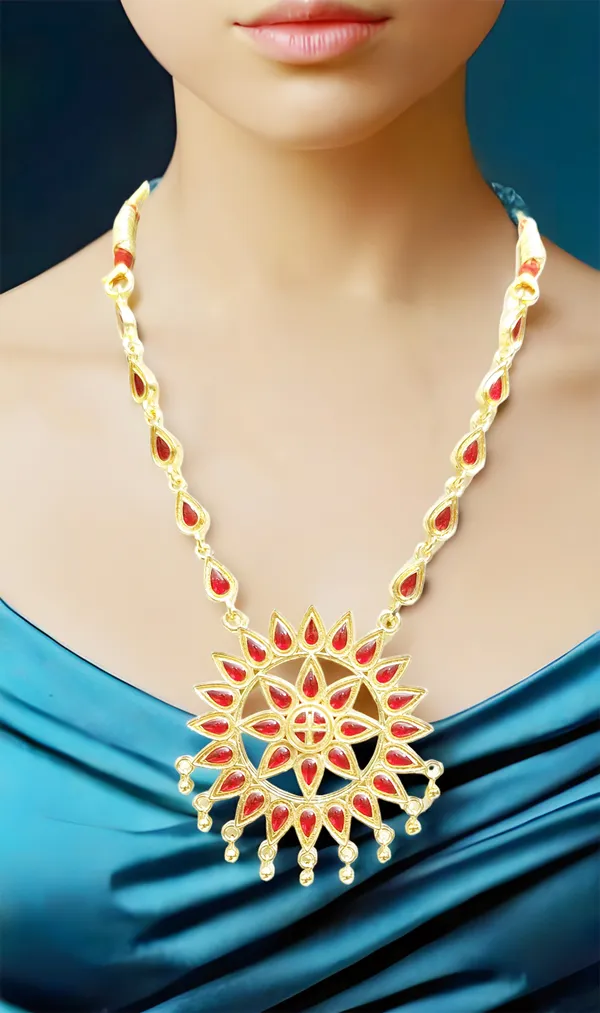 Assamese_Traditional_Copper_Based_Sunflower-Shaped_Red_Jewellery_Set