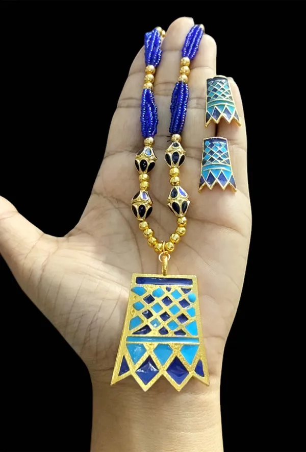 Assamese_Traditional_Dark_Blue_Lite_Blue_Meenakari_Thuriya_4_Ball_Tassel_Jewellery_Set