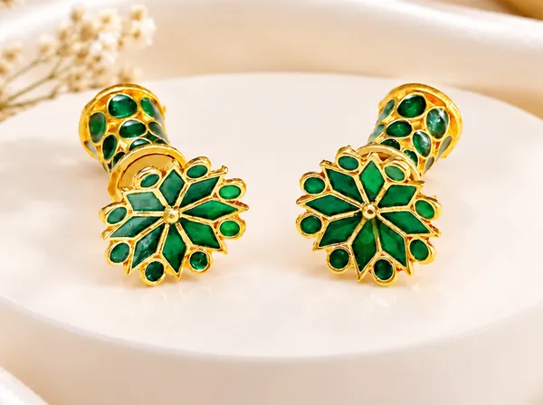 BG_GOLD_Assamese_Traditional_Green_Thuriya_Copper_Stud_Earring_