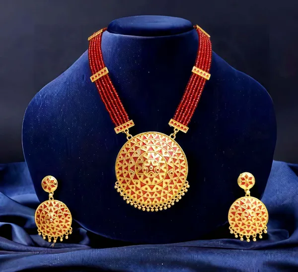 Assamese_Traditional_Red_Big_Japi_Crystal_Tassel_New_Jewellery_Set