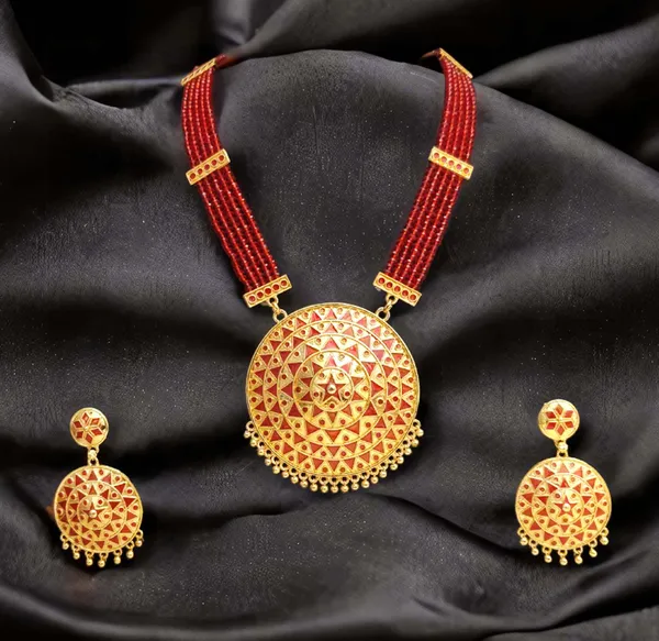 Assamese_Traditional_Red_Big_Japi_Crystal_Tassel_New_Jewellery_Set
