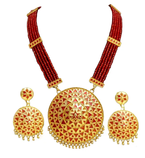 Assamese_Traditional_Red_Big_Japi_Crystal_Tassel_New_Jewellery_Set