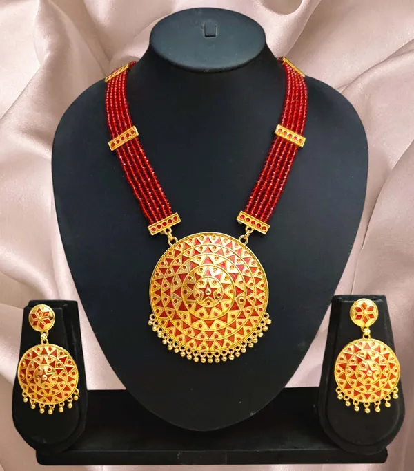 Assamese_Traditional_Red_Big_Japi_Crystal_Tassel_New_Jewellery_Set