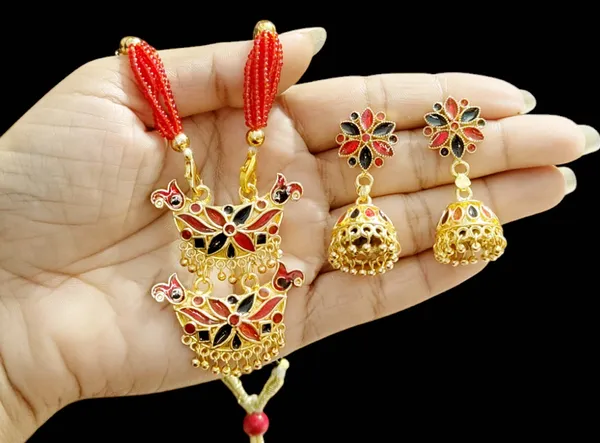 Assamese_Traditional_Red_Black_Junbiri_Monimala_Tassel_Jewellery_Set