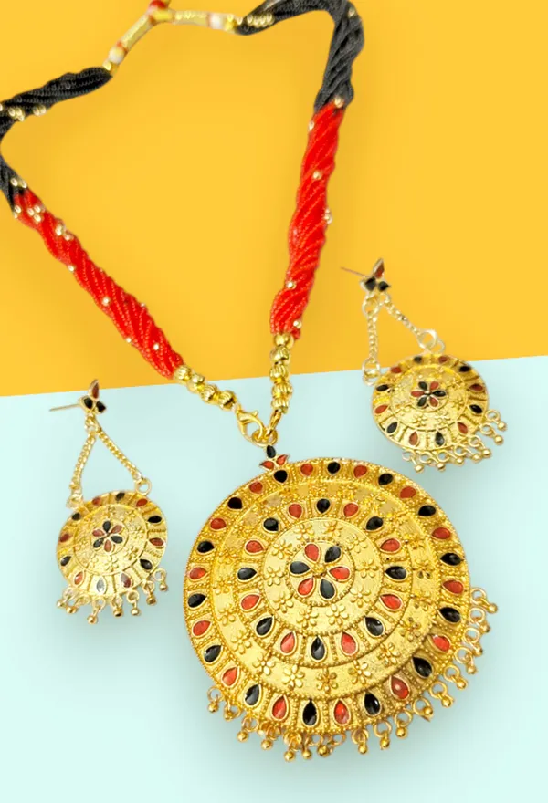 Assamese_Traditional_Red_Black_Meenakari_Copper_Based_Japi_Jewellery_Set