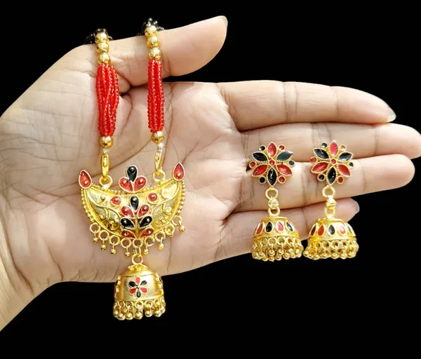 Assamese_Traditional_Red_Black_Junbiri_Jewellery_Set