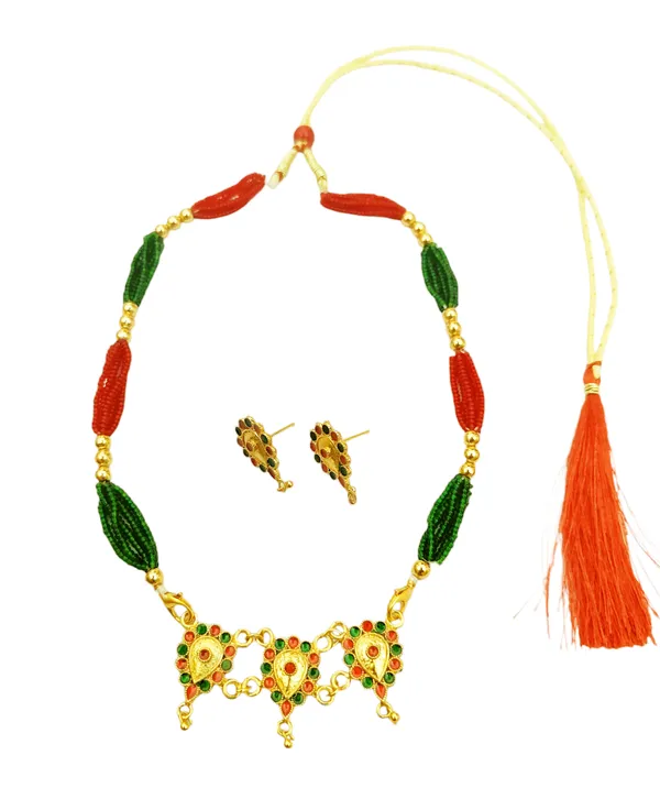 Assamese_Traditional_Red_Green_Dugdugi_Golpata_With_Tassel_Jewellery_Set