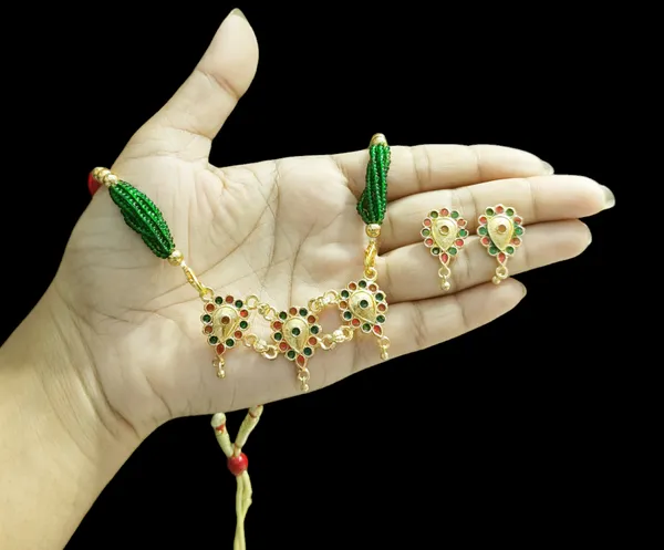 Assamese_Traditional_Red_Green_Dugdugi_Golpata_With_Tassel_Jewellery_Set