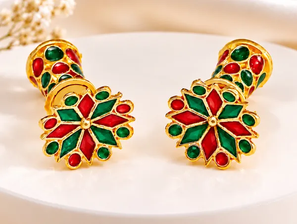 BG_GOLD_Assamese_Traditional_Red_Green_Thuriya_Copper_Stud_Earring_
