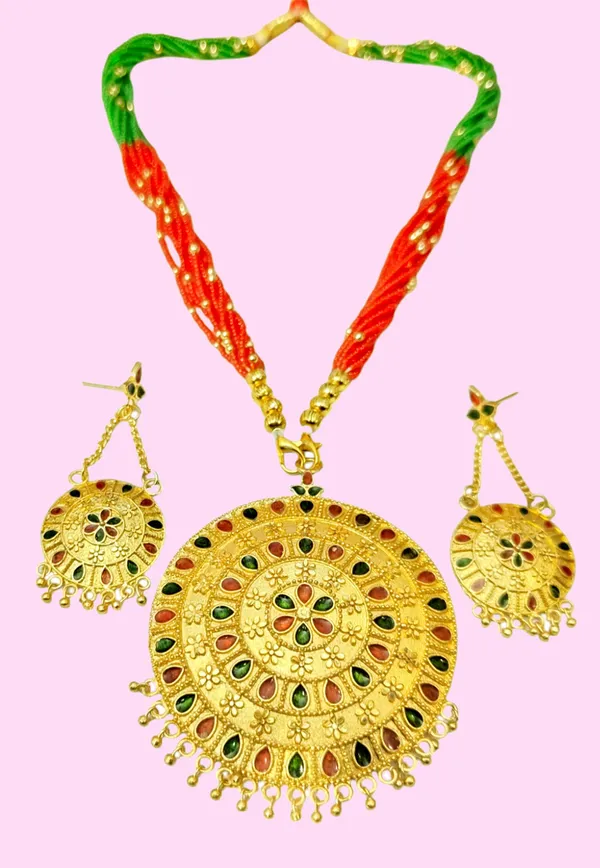 Assamese_Traditional_Red_Green_Meenakari_Copper_Based_Japi_Jewellery_Set