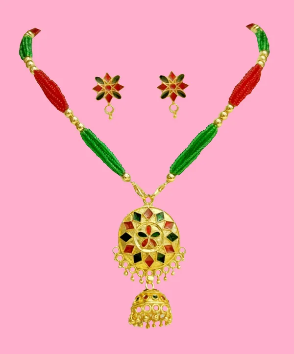 Assamese_Traditional_Red_Green_Small_Japi_With_Tassel_Jewellery_Set