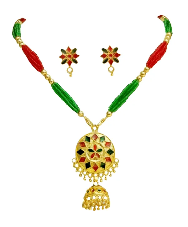 Assamese_Traditional_Red_Green_Small_Japi_With_Tassel_Jewellery_Set