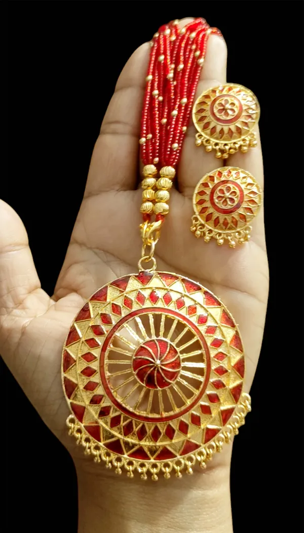 Assamese_Traditional_Red_Meenakari_Copper_Based_Japi_Jewellery_Set