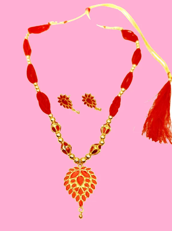 Copper_Based_Assamese_Traditional_Red_Meenakari_Dugdugi_4_Ball_Monimala_Tassel_Jewellery_Set