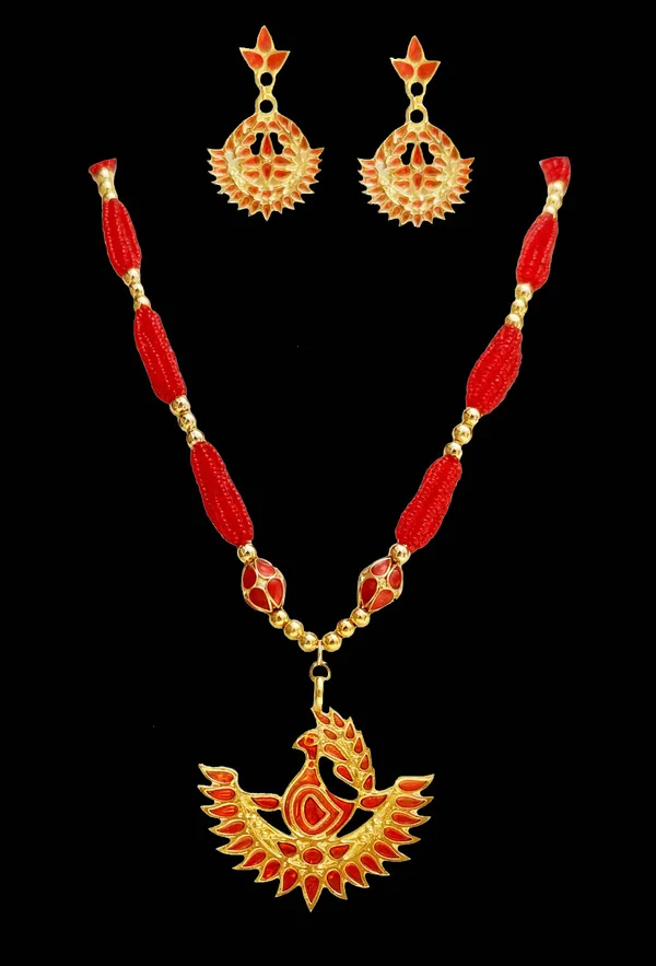 Assamese_Traditional_Red_Meenakari_Mayur_Design_Ball_Tassel_Jewellery_Set
