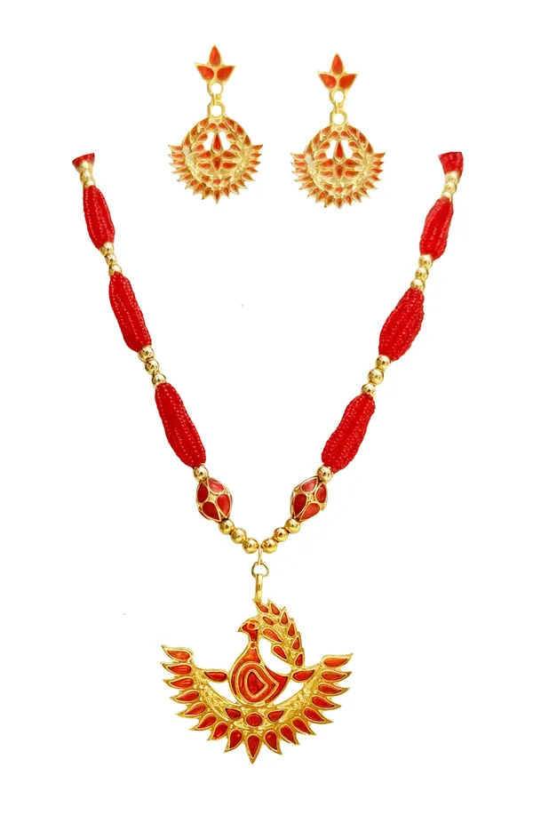 Assamese_Traditional_Red_Meenakari_Mayur_Design_Ball_Tassel_Jewellery_Set