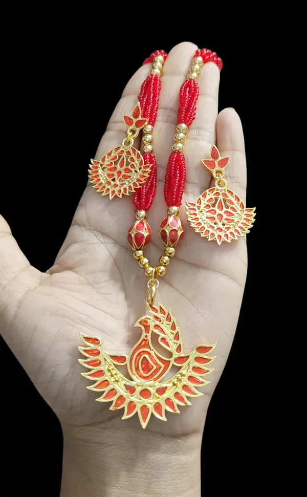 Assamese_Traditional_Red_Meenakari_Mayur_Design_Ball_Tassel_Jewellery_Set
