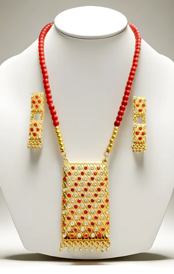 Assamese_Traditional_Red-White_Stone_Biskut_White_Mini_Tassel_Set