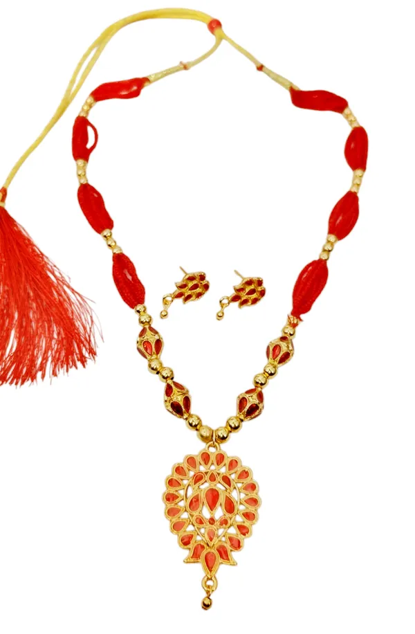 Copper_Based_Assamese_Traditional_Red_Meenakari_Dugdugi_4_Ball_Monimala_Tassel_Jewellery_Set
