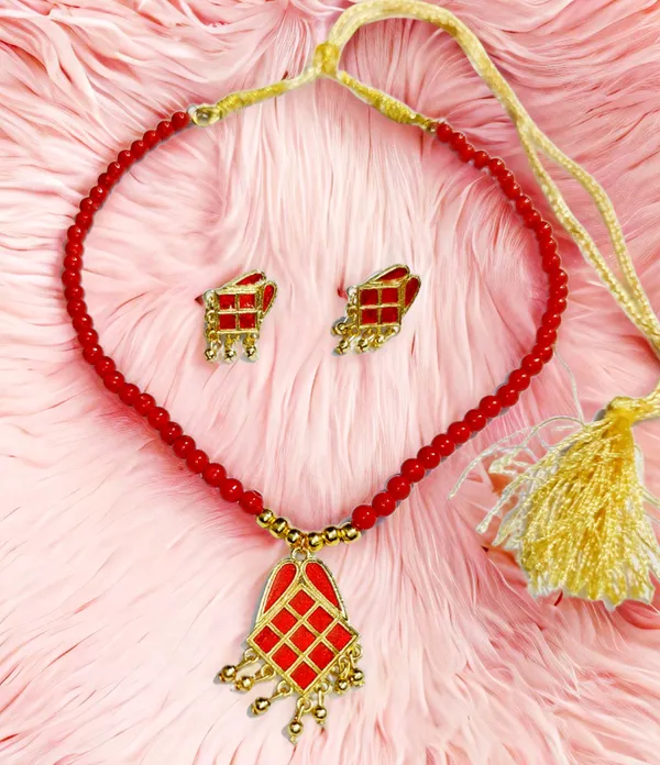 Assamese_Traditional_Red_Square_Mini_Tassel_Jewellery_Set
