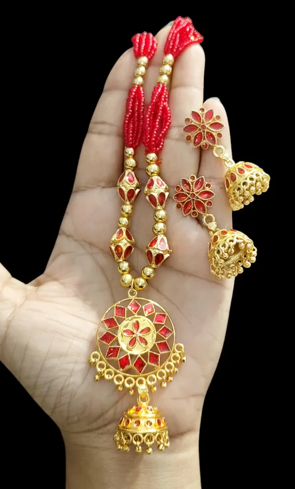 Copper_Based_Assamese_Traditional_Red_Small_Japi_With_4_Monimala_Tassel_Jewellery_Set