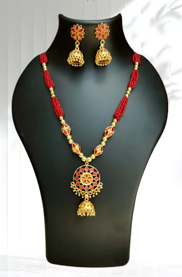 Copper_Based_Assamese_Traditional_Red_Small_Japi_With_4_Monimala_Tassel_Jewellery_Set