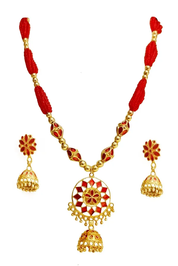 Copper_Based_Assamese_Traditional_Red_Small_Japi_With_4_Monimala_Tassel_Jewellery_Set