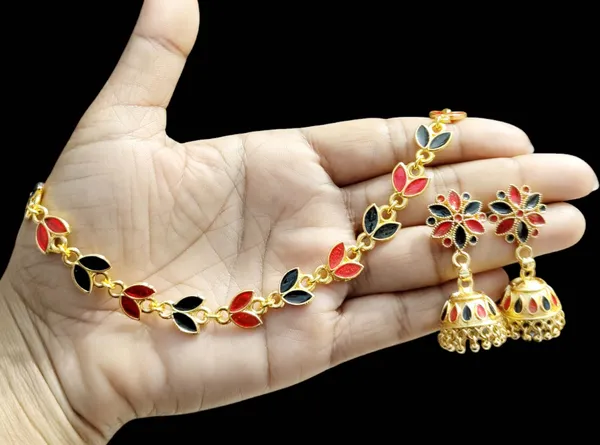 Assamese_Traditional_Copper_Based_Red_Black_Patti_Jhumka_Earring_Set