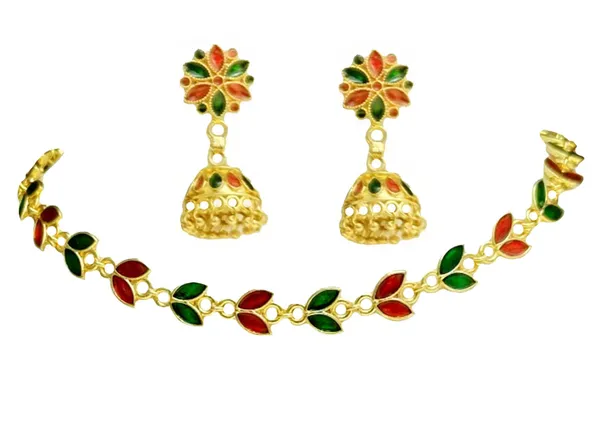 Assamese_Traditional_Copper_Based_Red_Green_Patti_Jhumka_Earring_Set