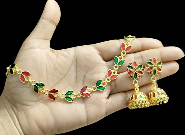 Assamese_Traditional_Copper_Based_Red_Green_Patti_Jhumka_Earring_Set