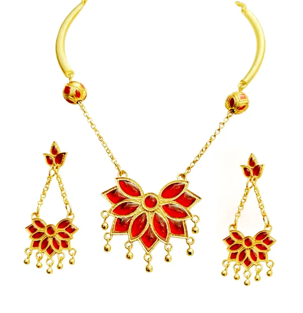 Assamese_Traditional_Copper_Based_Red_Meenakari_Pipe,_Ball,_Chain_Jewellery_Set