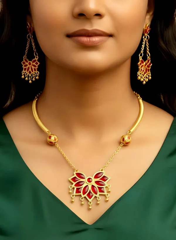Assamese_Traditional_Copper_Based_Red_Meenakari_Pipe,_Ball,_Chain_Jewellery_Set